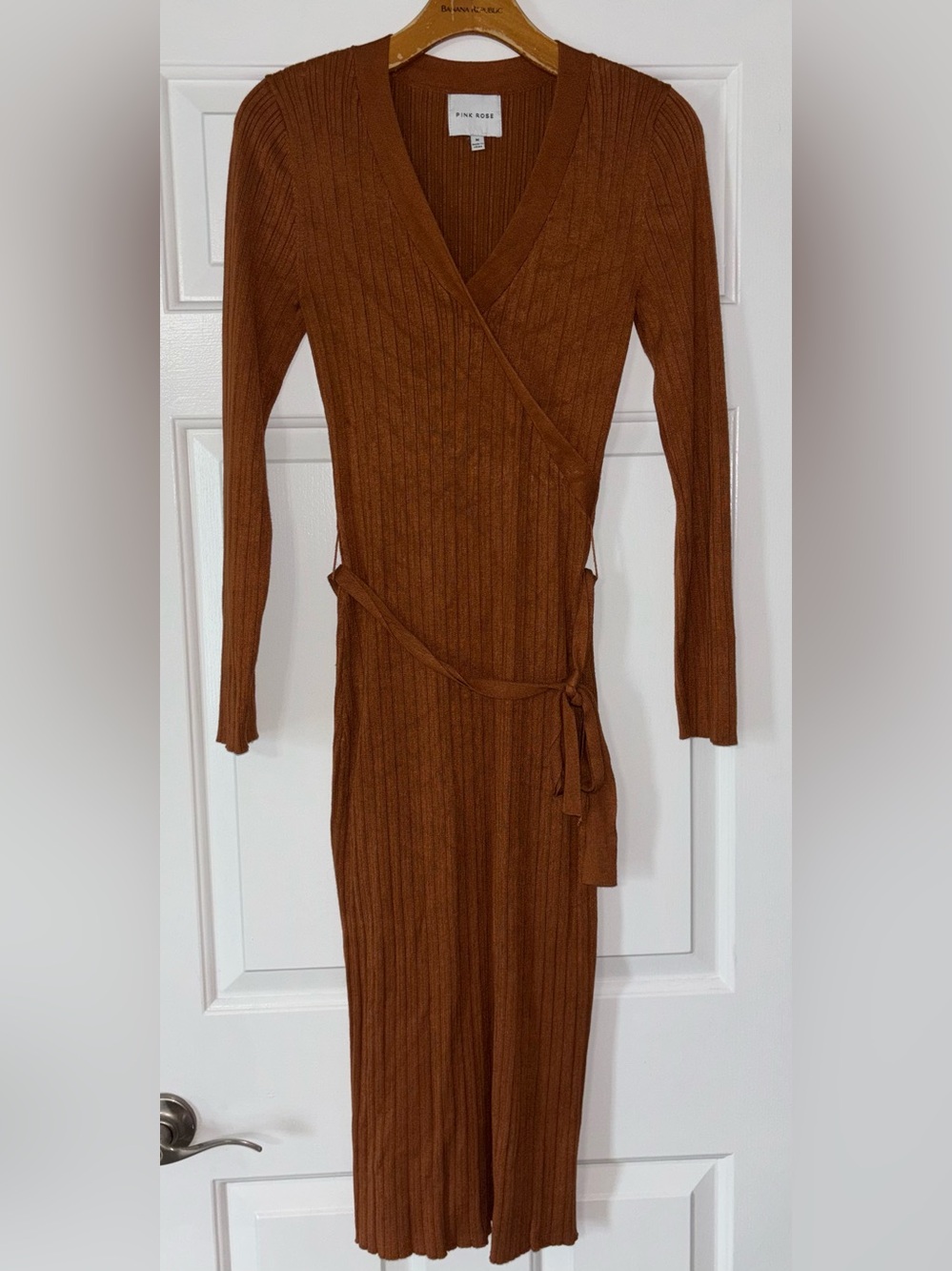 Pink Rose Long Sleeve Wrap Knit Dress in Cognac Brown